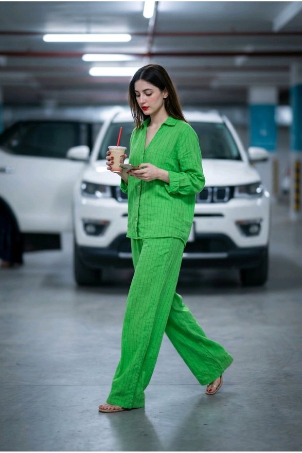 Women's Green Pinstripe Buttoned Pocketed Linen Textured Wide Leg Two-Piece Set