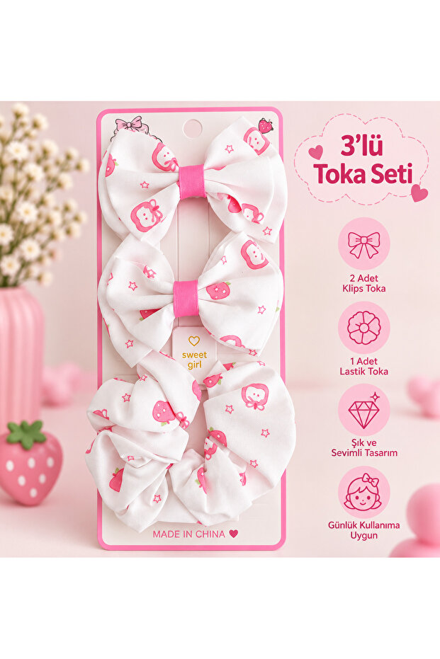 3-Piece Bow Set for Girls - Cherry Pattern - Strawberry Pattern - Mushroom Pattern - Flower Pattern - Ribbon Pattern - Apple Pattern - Bow Hair Clip - Elastic Bow - Stylish Hair Accessory 🎀 🍒 🍓 🍄 🌸 🎀 🍎