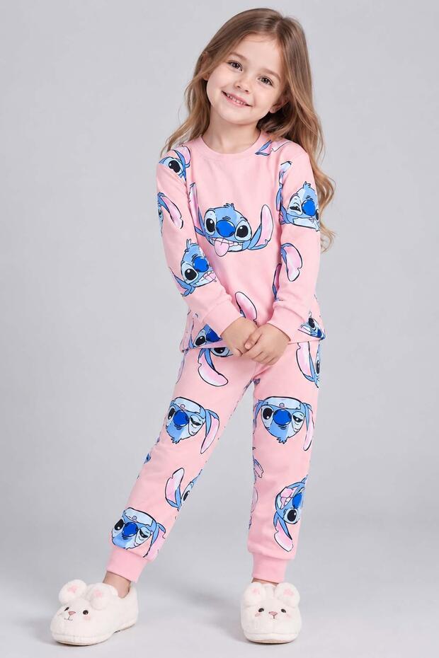 Girl's Crew Neck Stitch Printed Pink Pajama Set