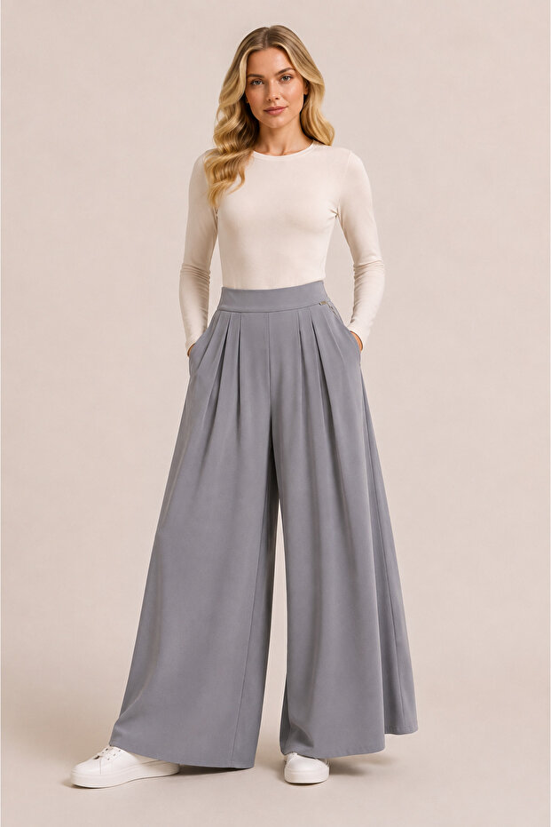 Comfortable Wide Leg Gray Trousers with Elastic Waist 1620