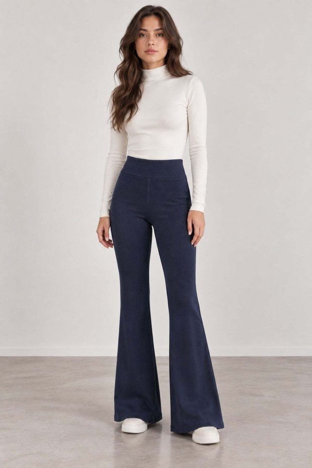 1052 Women's High Waist Spanish Leg Ribbed Premium Leggings Navy Blue