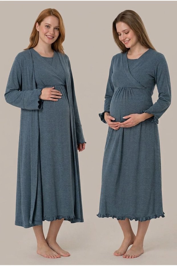 Women's Anthracite Double-Breasted Collar Maternity Nightgown Set with Long Sleeves and Dressing Gown for Easy Breastfeeding