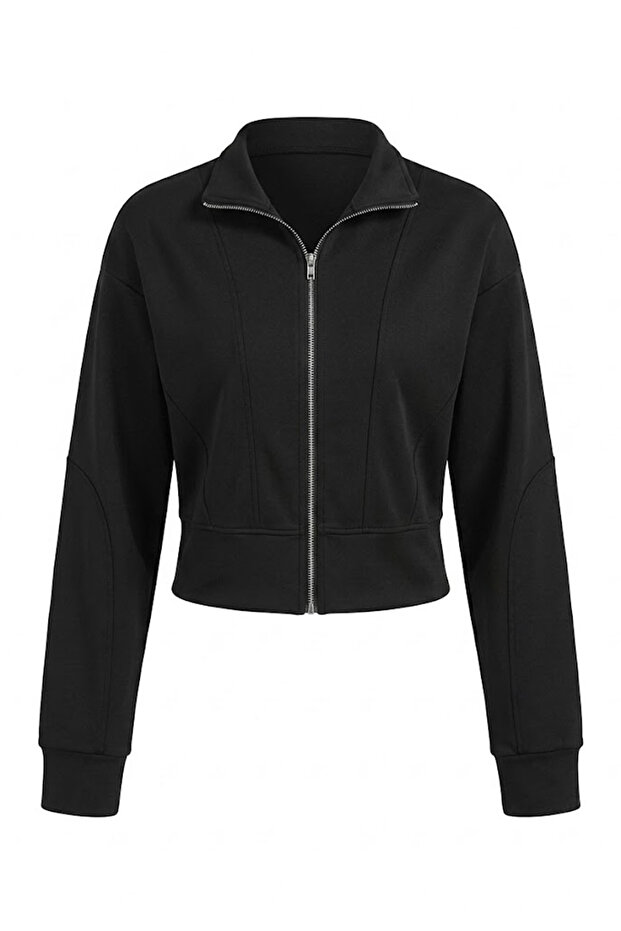 Zippered Stand-Up Collar Sweatshirt Black