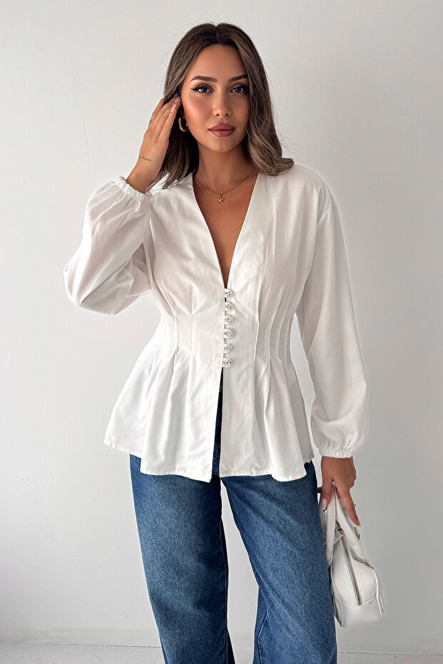 Women's Crystal Buttoned Pencil Waist Fitted Shirt