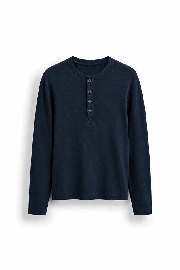 Shale - Navy Blue - Crew Neck Long Sleeve - 100% Cotton - Collar Buttoned Men's Tshirt