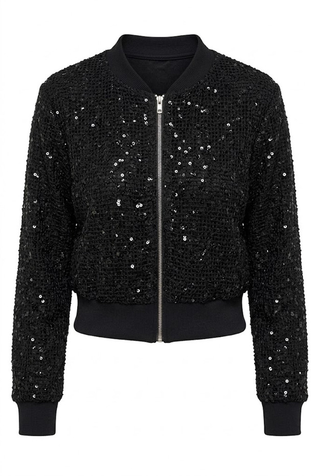 Zippered Sequin Pullover Sweater Black