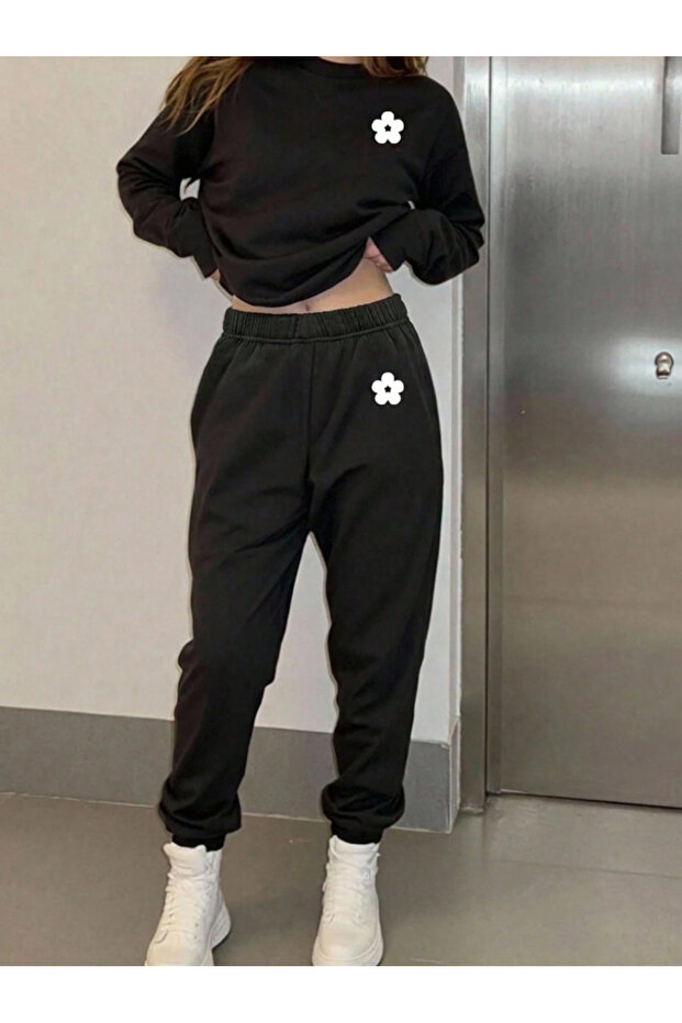Unisex Cotton Floral Printed Oversize Crew Neck Top and Bottom Tracksuit Set