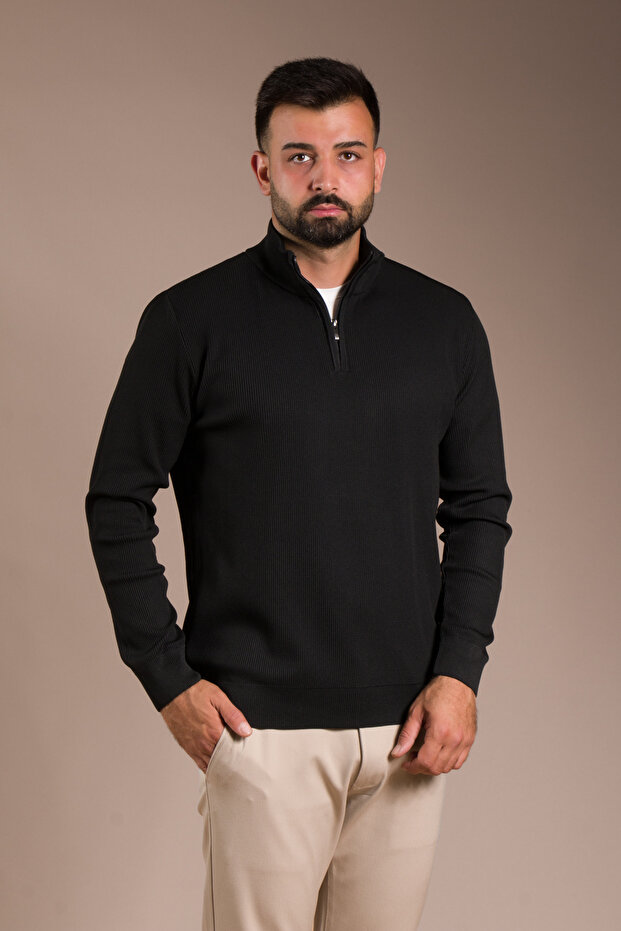 Men's Black Terry Zippered Knit Sweater