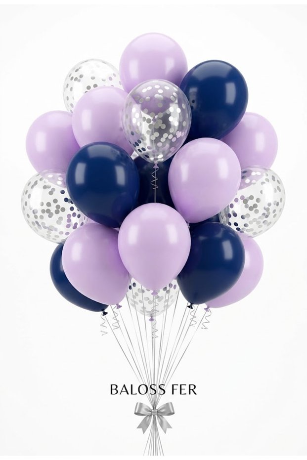 Galaxy Dream 20 Balloon Set Macaron Lilac Navy Blue Transparent Silver Sequin Space Themed Party Decoration