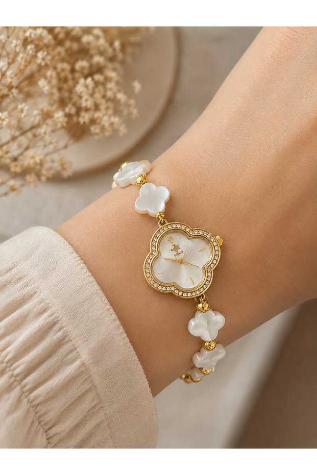 Natural Stone Clover Model Women's Wristwatch Special Design Stylish and Elegant