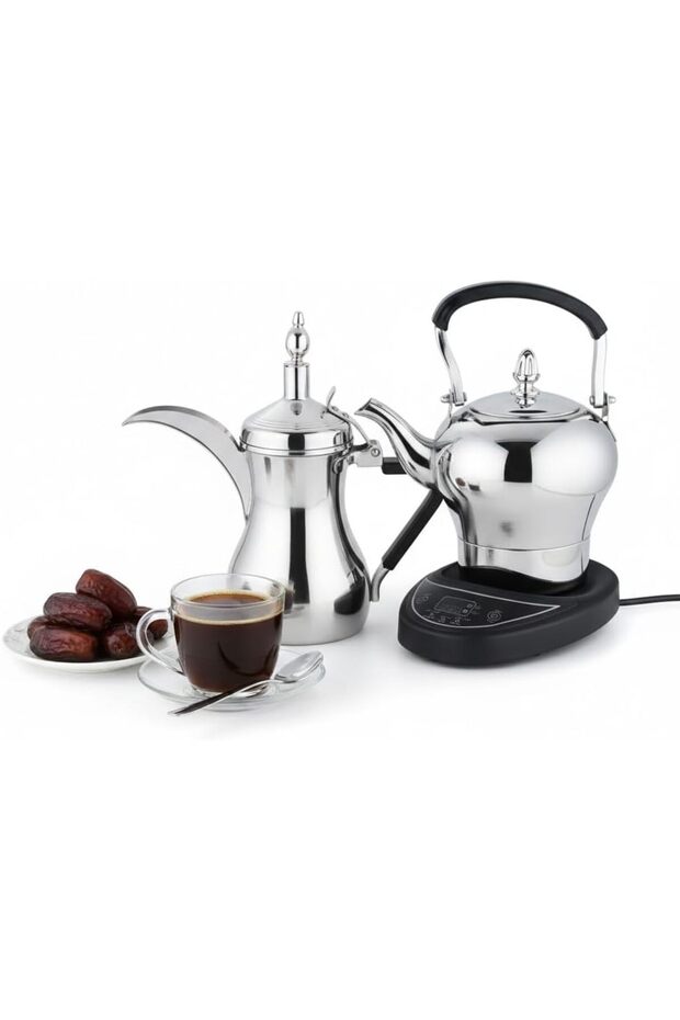 Electric Arabic Coffee & Tea Maker Set (DX2066) – 1L Dallah & 1.2L Tea Pot – 800W 304 Stainless Steel Automatic Brewer with Keep Warm Function, UK Plug, Silver – Includes Spoon & Strainer