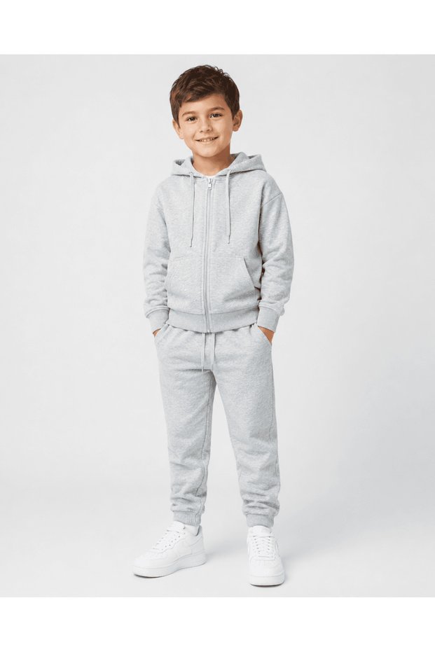 Unisex Children's Gray Hooded Zippered Tracksuit Set Daily Comfortable Combination