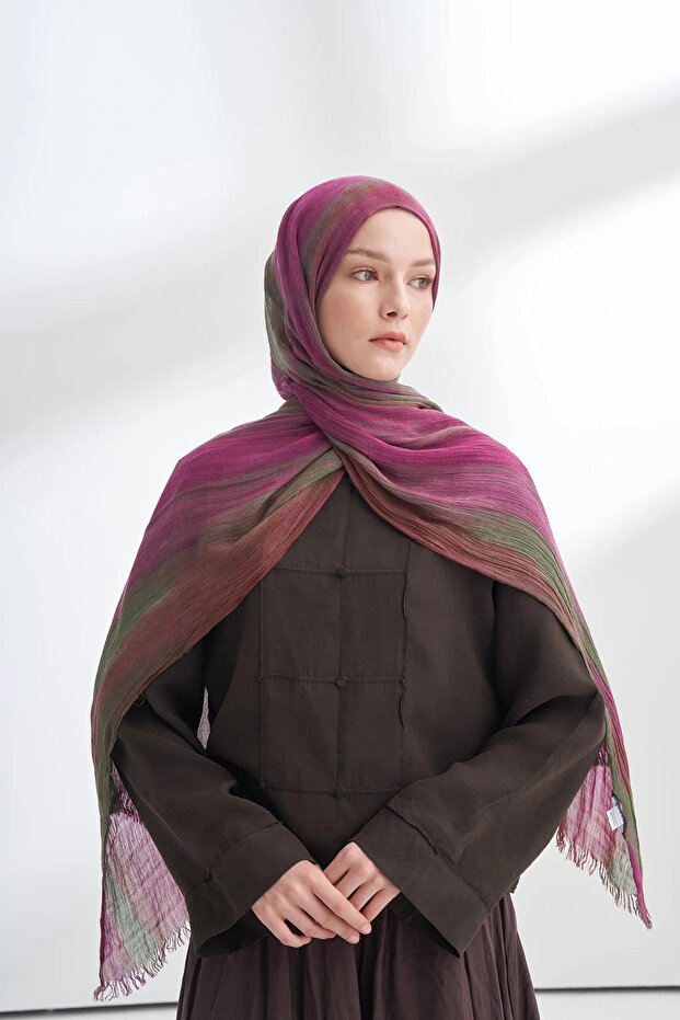 Organic Touch Viscose Blend Patterned Shawl - Khaki - Cherry
