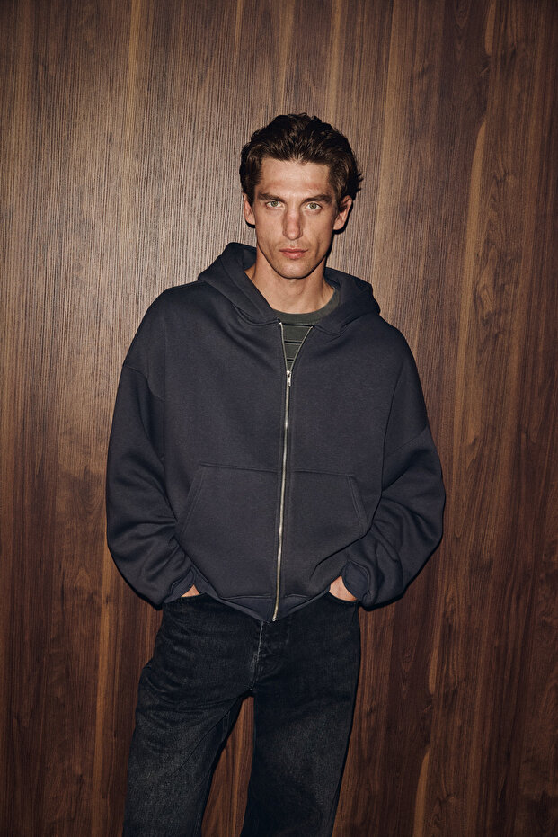 Songulo Men's Zippered Hooded Gray Sweatshirt