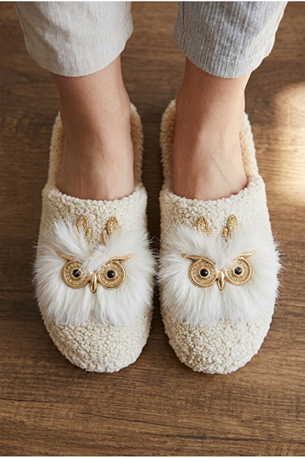 Women's Cream Plush Owl Figured House Slippers - Warm Soft Soled Winter Room Slippers