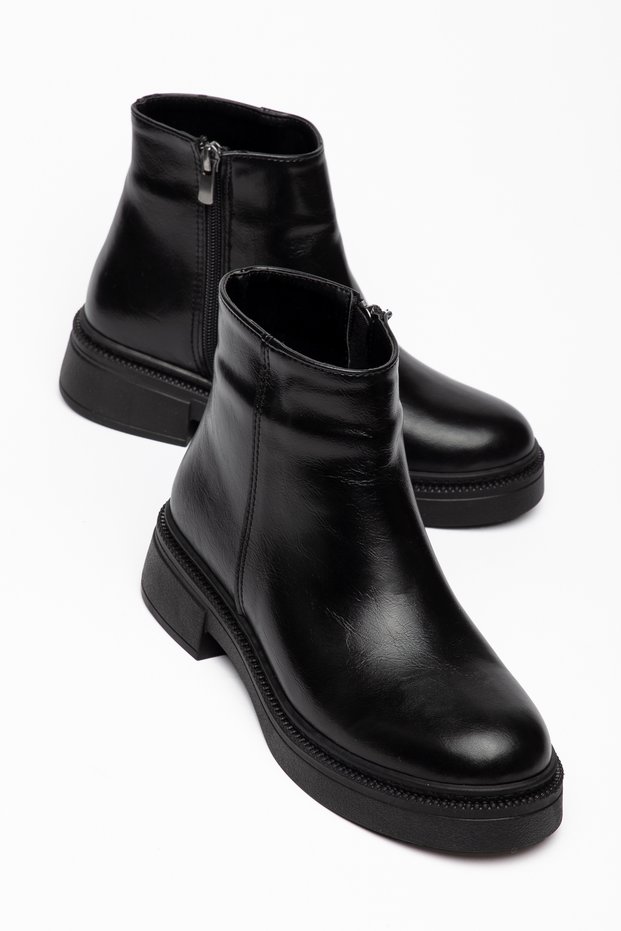 Women's Black Zippered Shiny Leather Casual Boots