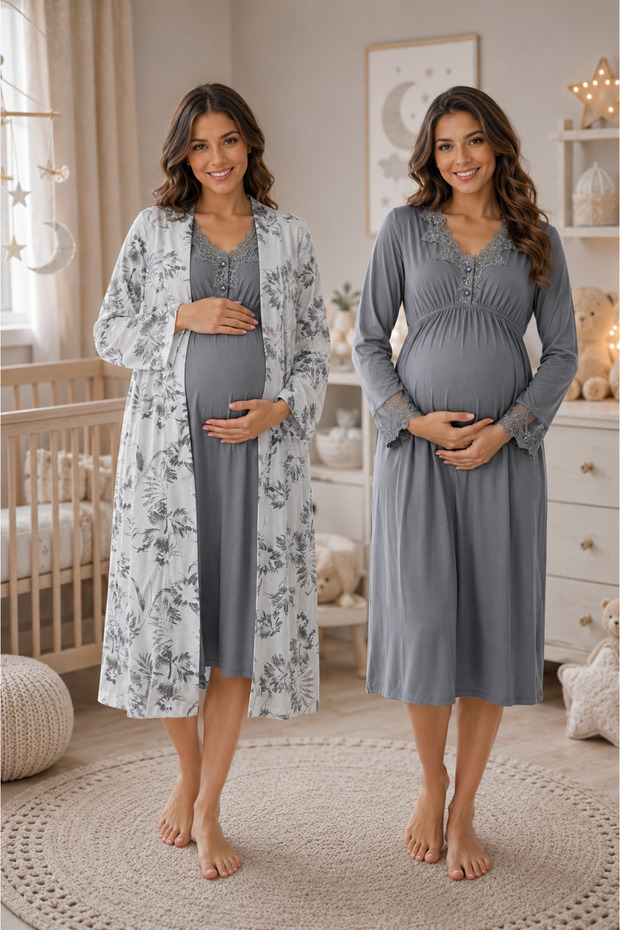 Breastfeeding Feature Cotton Long Sleeve Maternity Nightgown Set Effortt