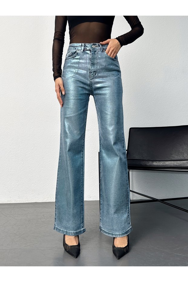 Women's High Waist Wide Leg Jeans with Foil Detail