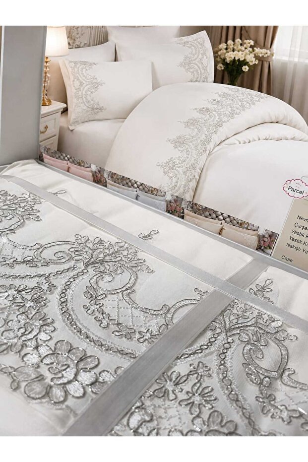 Boxed Dowry Set with French Lace, 6 Pieces, Cream Color