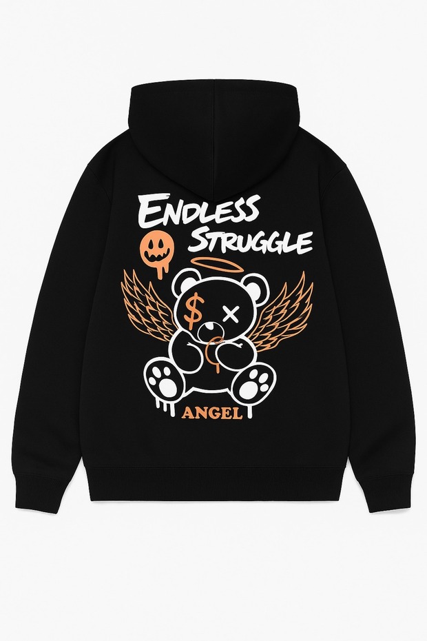Unisex Oversize 3 Thread Raster Printed Hooded Sweatshirt with Kangaroo Pocket "Angel Teddy Bear and'Endless Struggle' Written"