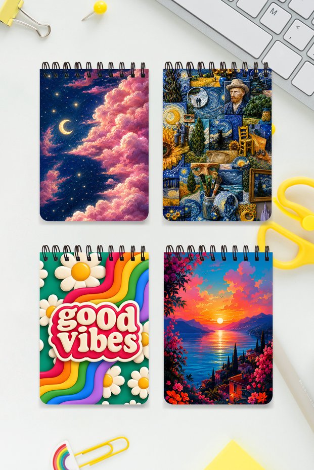 Van Gogh & Landscape Themed Set of 4 A6 Metal Top Spiral Bound 2 Pcs. Striped- 2 Pcs. Checkered Cardboard Cover Van Gogh & Landscape Design Themed 4-Piece Notebook Set