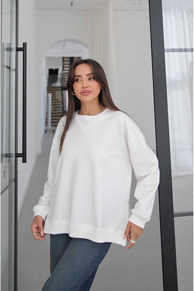 Ecru Oversized Sweatshirt with Side Slits