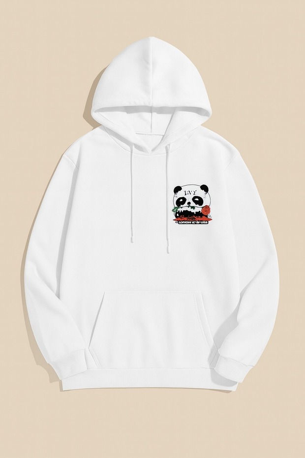 Unisex Oversize 3 Thread Raster Printed Hooded Sweatshirt with Kangaroo Pockets "Rose and Gear Panda"
