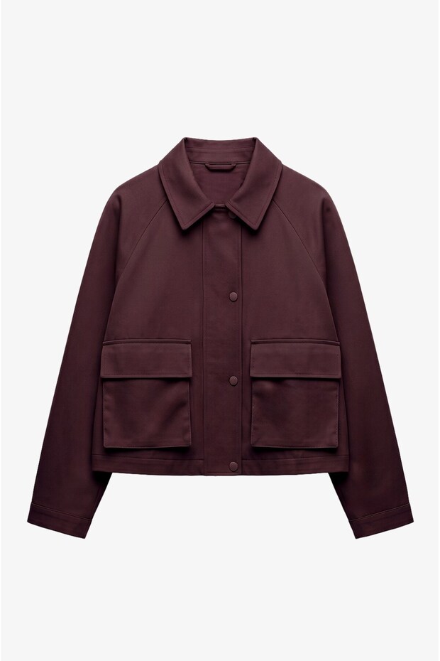 Plum Color Snap Fastener Jacket with Cover Pockets