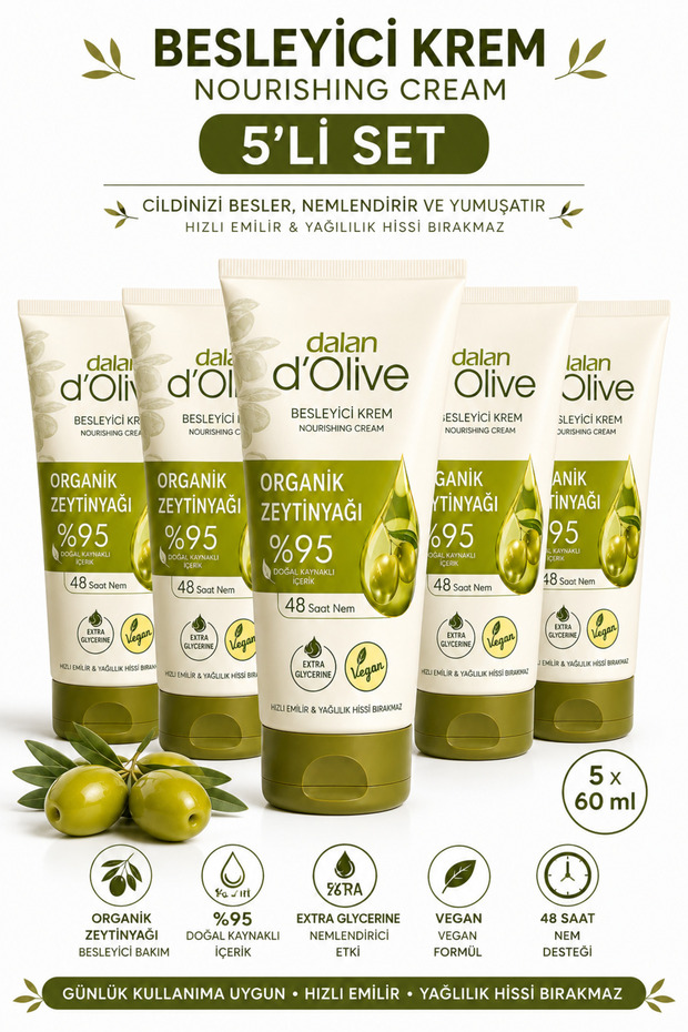 Dalan D'Olive Organic Olive Oil Nourishing Cream, 95% Naturally Sourced Ingredients 60 ml Set of 5