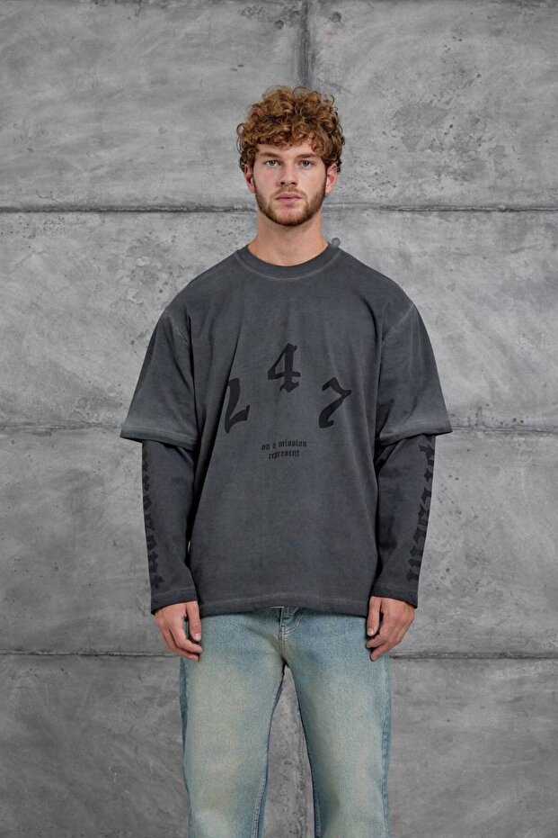 Trend Special Design 3 Yarn Print Embroidery Detail Oversize Long Sleeve Men's Sweatshirt T-Shirt