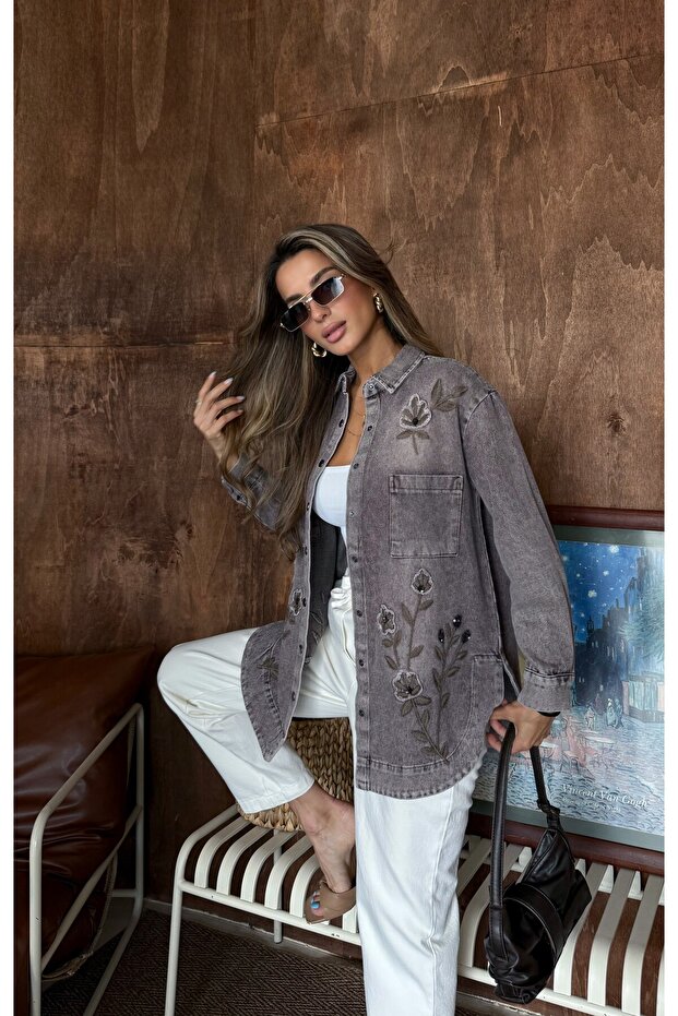 Women's Front Beaded Embroidered Denim Oversize Shirt