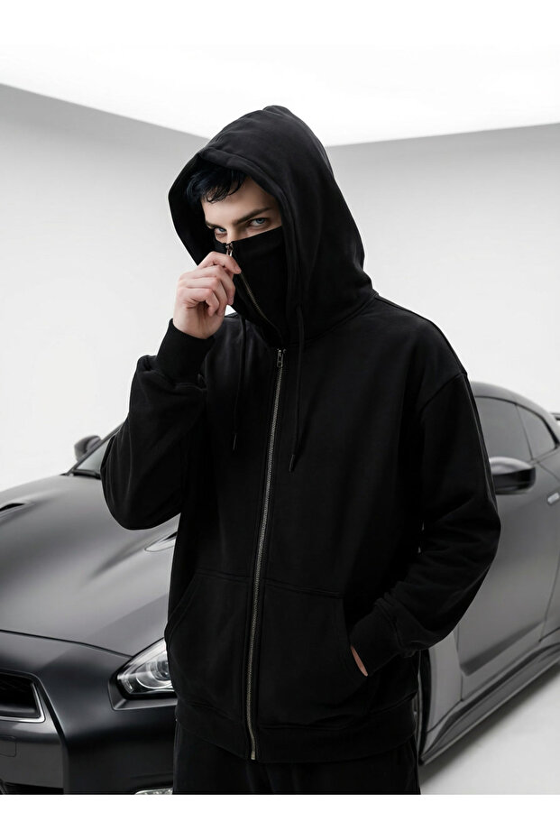 High Collar Mask Detailed Black Unisex Ninja Cardigan