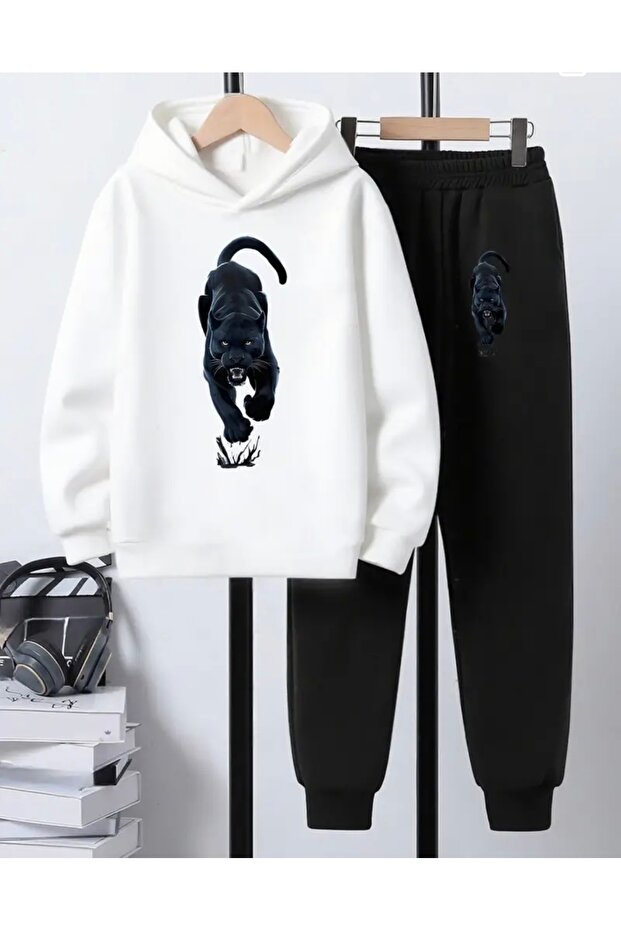 Hooded Black Jaguar Printed 3-Thread Shardoon 100% Cotton Plus Size Men's Track Suit