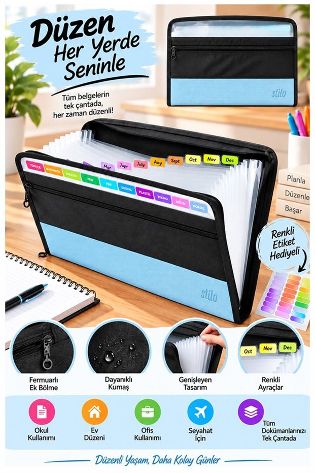Bellows File with 13 Compartments, Zippered, 1 Piece, Stilo Quality A4 Accordion File Organizer, 13 Pocket File Document Organizer