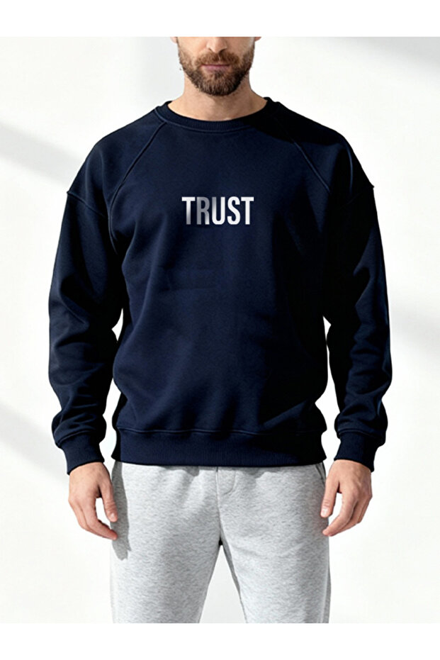 Minimalist Trust Typography Printed Light Blue Unisex Oversize Sweatshirt