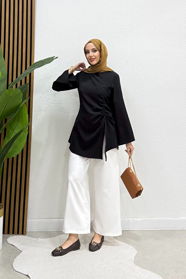 Asel Gathered Asymmetrical Blouse Black