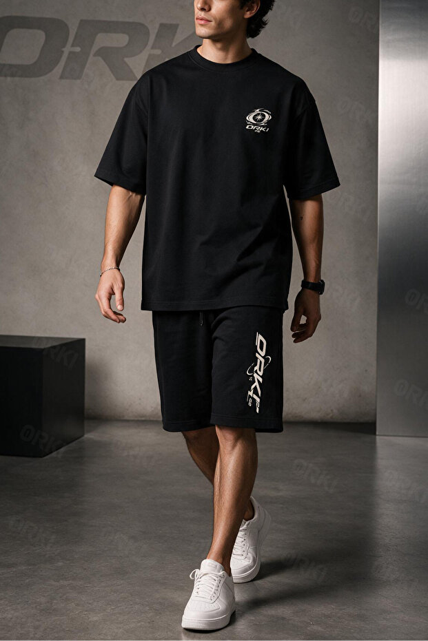 Minimalist Typographic Logo Printed Black Unisex T-Shirt Shorts 2-Piece Set