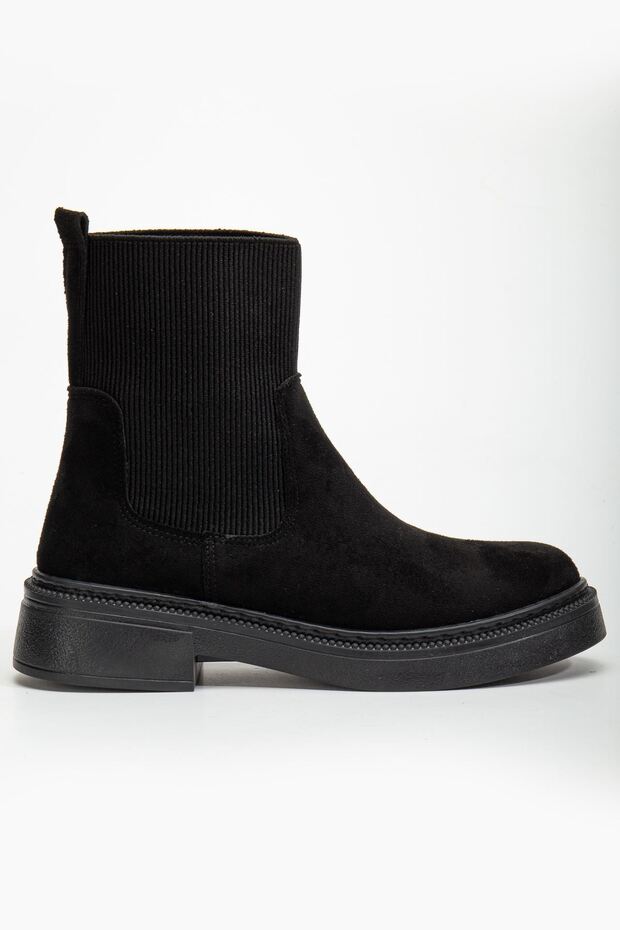 Women's Black Suede Elastic Side Strap Thick Sole Boots