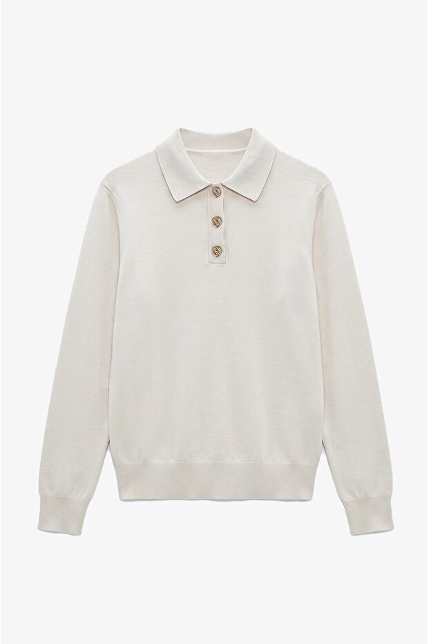 Ecru Button Polo Collar Sweater