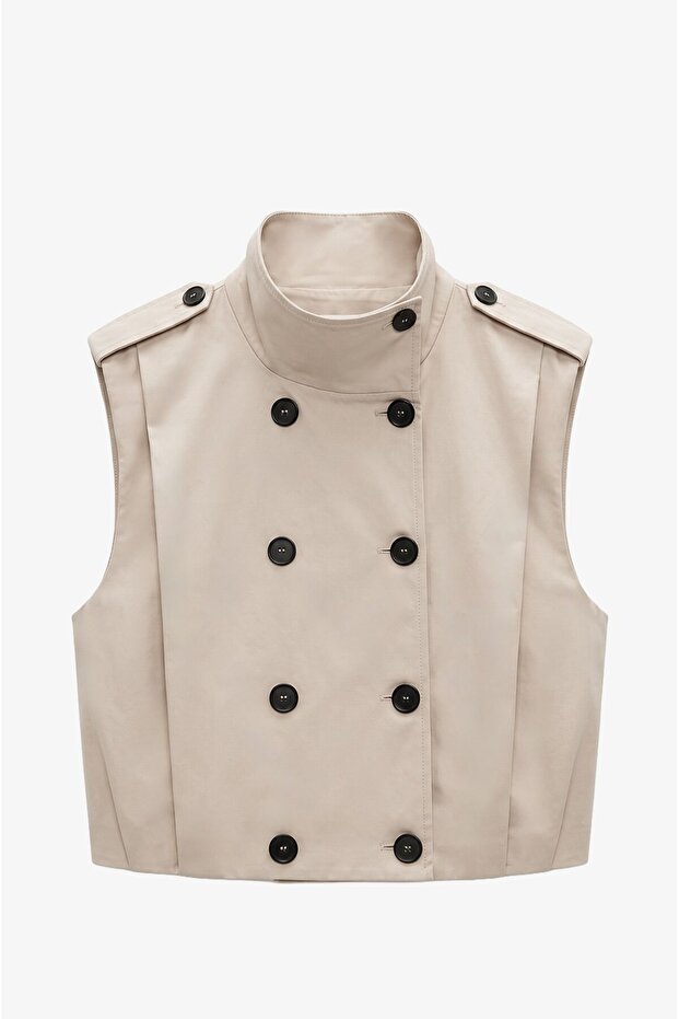 Stone Color Pleated Buttoned Vest Trench Coat
