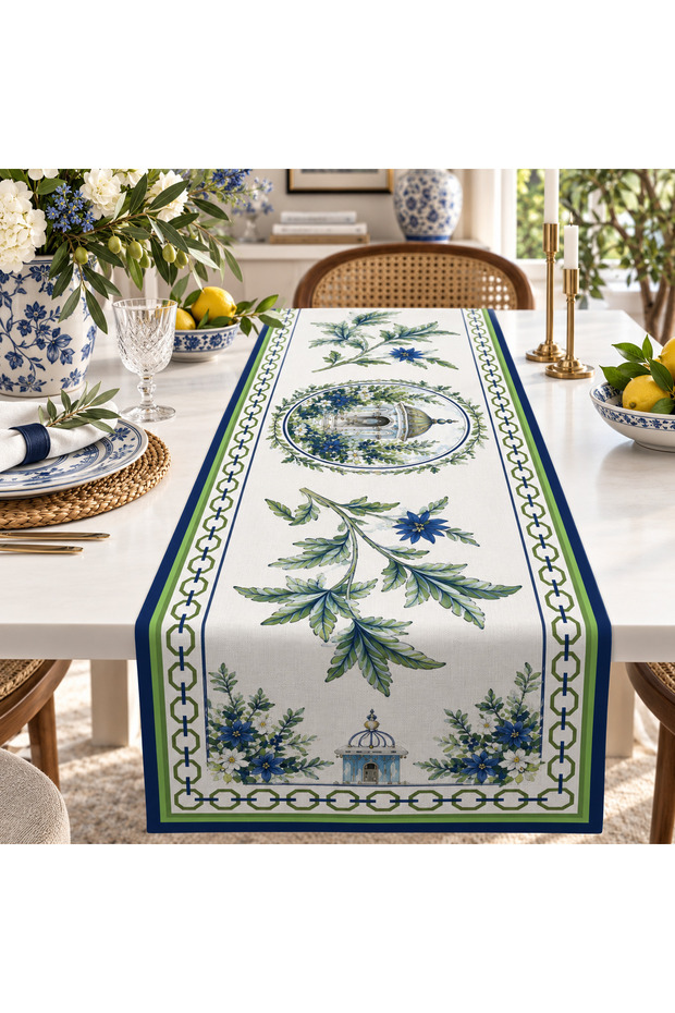 Palazzo Botanik 1 Piece Runner Navy Blue White Green Floral Patterned Runner Tablecloth Home Decor Tableware Decor