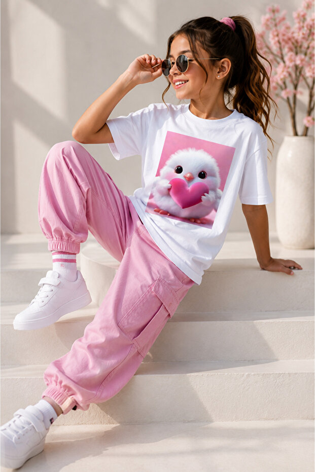 Girl's Printed White Oversize T-Shirt
