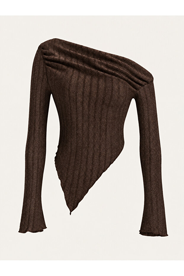 Dark Brown Asymmetrical Collar One-Shoulder Long Sleeve Women's Blouse Ribbed Pointed Cut Bitter Coffee Stylish Blouse