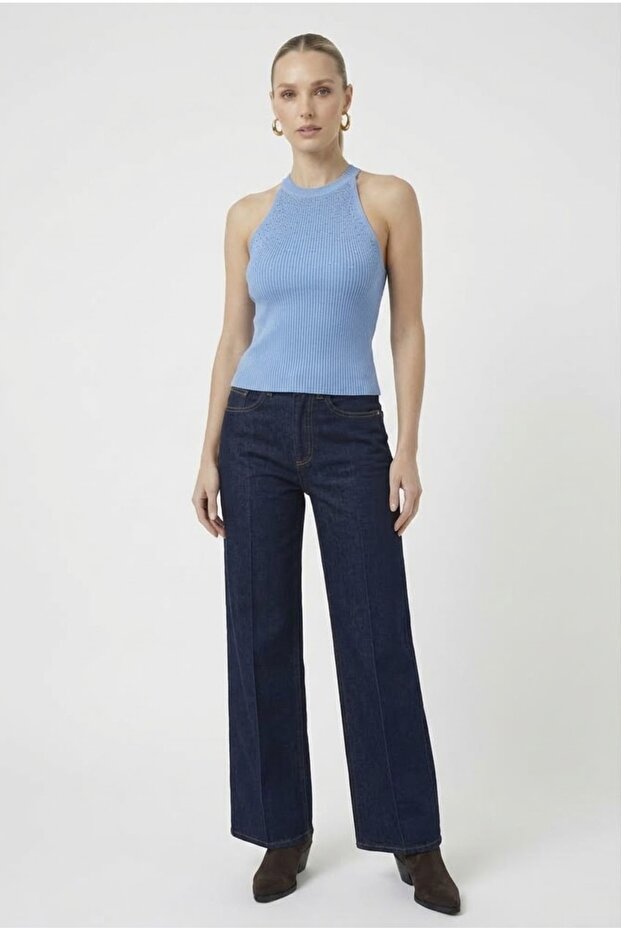 Women's Stoned Ribbed Halter Neck Crop Blouse
