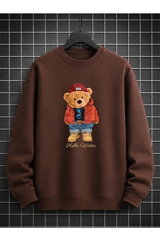 Unisex Plush Teddy Bear Printed Crew Neck Sweatshirt – Winter Themed Casual Oversize Sweatshirt
