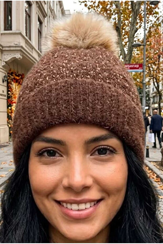 Women's Pompom Sparkling Knitwear Beanie Lined Winter Beanie