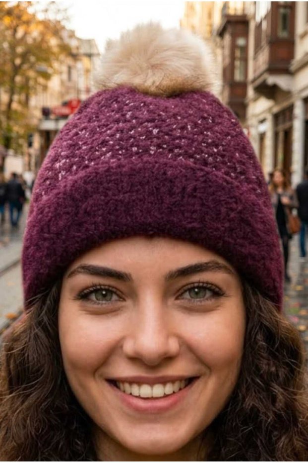 Women's Pompom Sparkling Knitwear Beanie Lined Winter Beanie