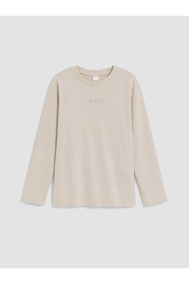 Gray Crew Neck Embroidered Girls' T-Shirt