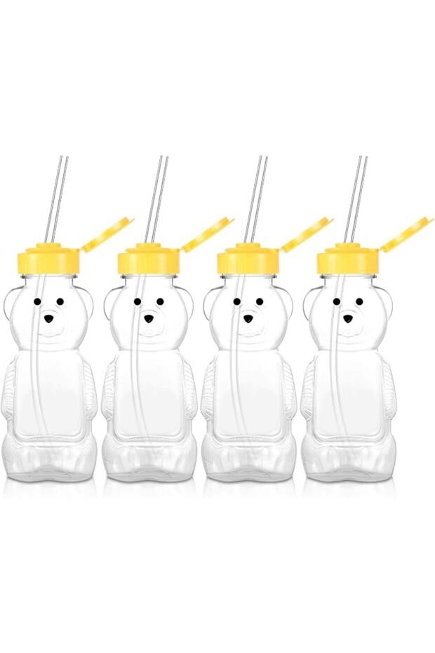 4 Pieces Juice Bear Bottles, Honey Bear Drinking Bottles,Plastic Reusable Drinking Cups,Includes 4 S