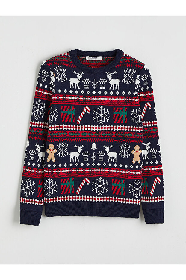 Two Mt Shop Quality Xside Navy Blue Knitwear Printed Oval Collar Boys' Sweater